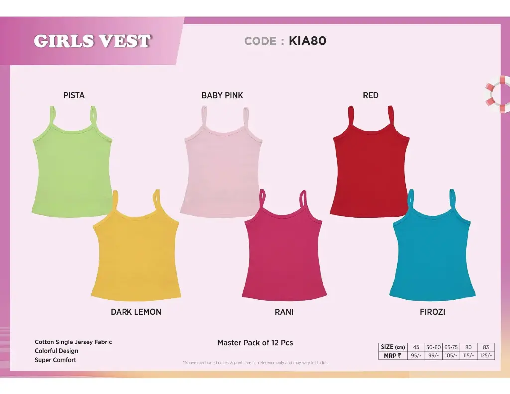 [Body Care-Girls Vest-KIA80 PC-Size: 60,Color: Assorted] Body Care-Girls Vest-KIA80 PC (60)