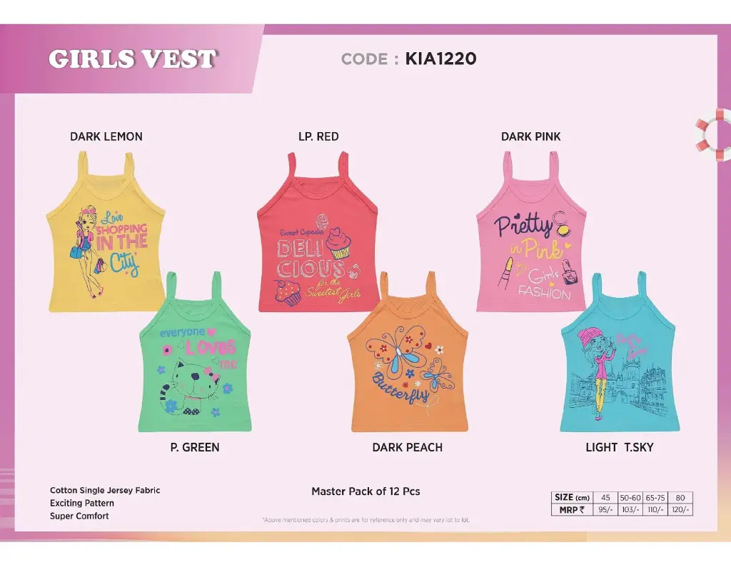 [Body Care-Girls Vest-KIA1220 PC-Size: 60,Color: Assorted] Body Care-Girls Vest-KIA1220 PC (60)