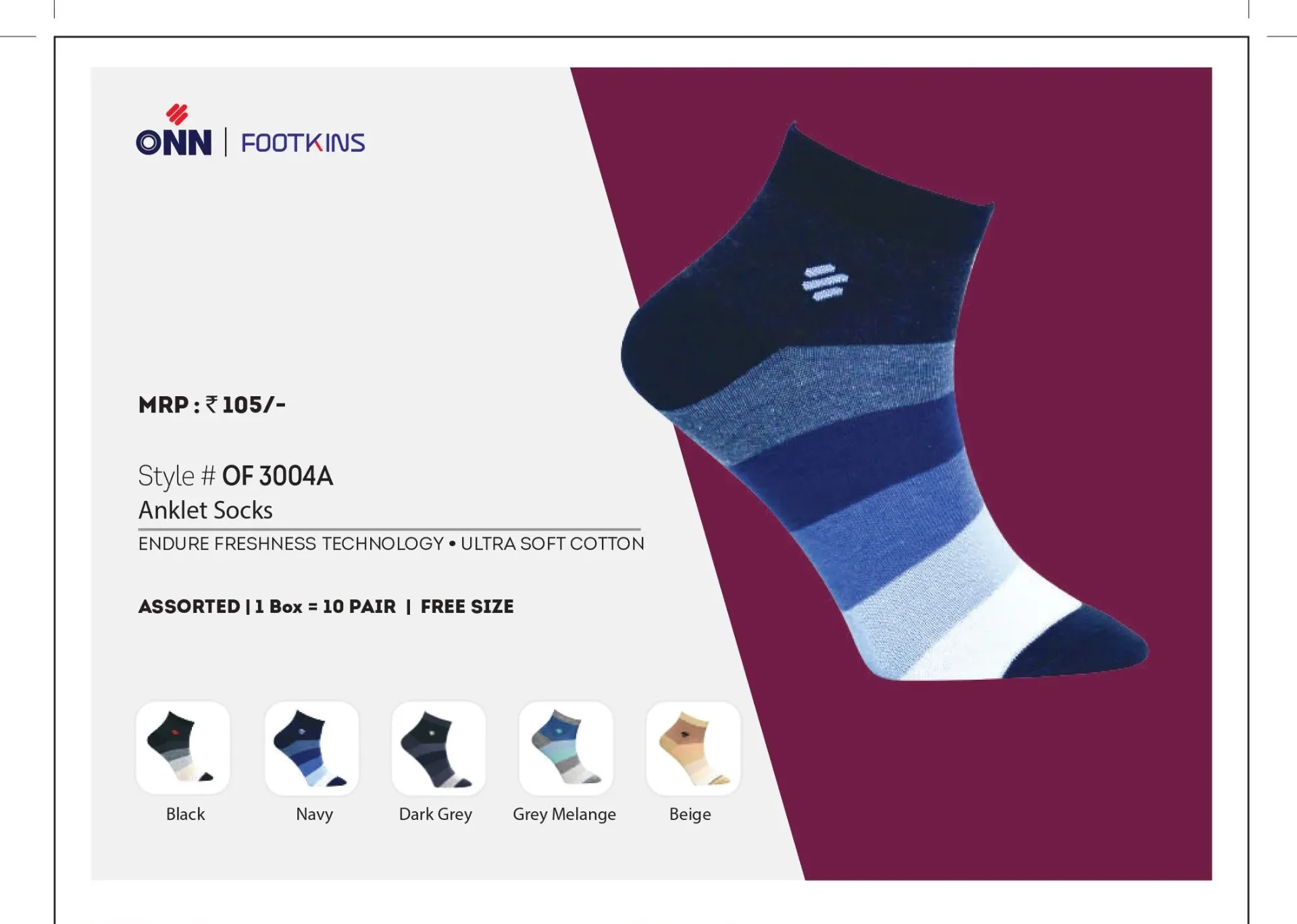 [Onn-Men Ankle Socks-3004A-Size: FS,Color: Assorted] Onn-Men Ankle Socks-3004A